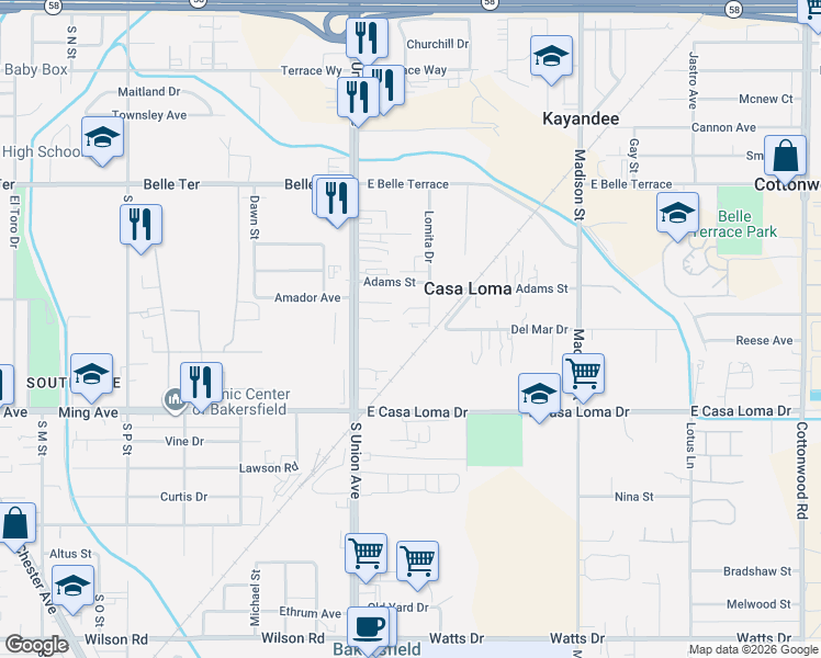 map of restaurants, bars, coffee shops, grocery stores, and more near 1212 South Union Avenue in Bakersfield
