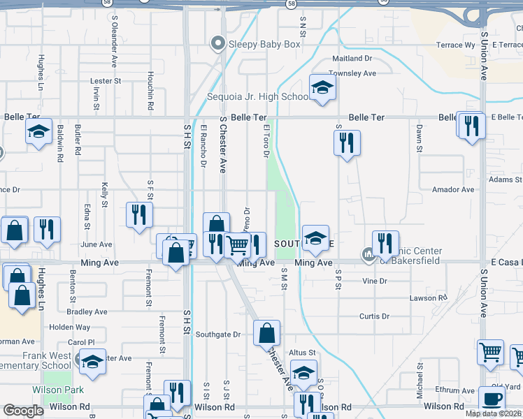 map of restaurants, bars, coffee shops, grocery stores, and more near 1416 El Toro Drive in Bakersfield