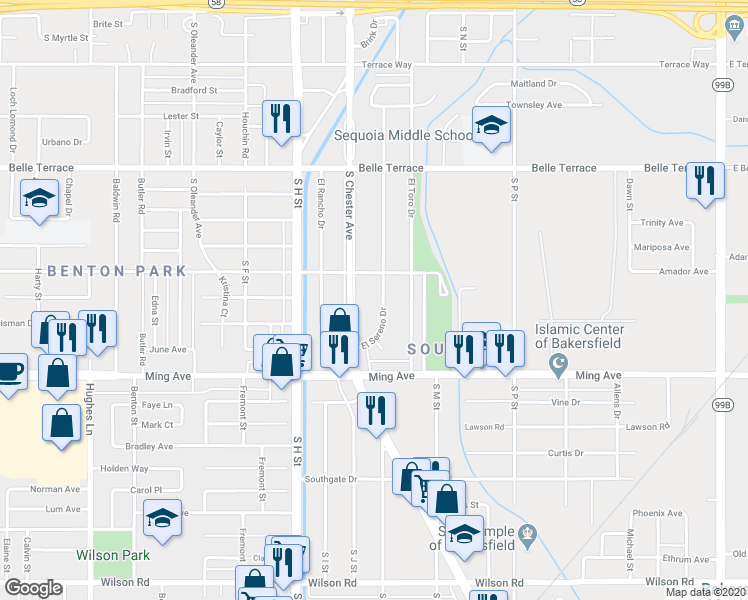 map of restaurants, bars, coffee shops, grocery stores, and more near 1418 El Sereno Drive in Bakersfield