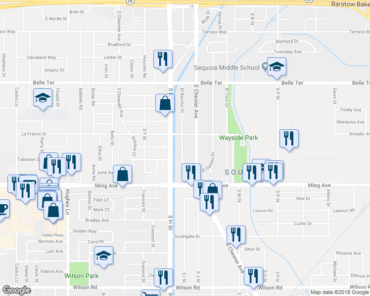 map of restaurants, bars, coffee shops, grocery stores, and more near 1417 El Rancho Drive in Bakersfield