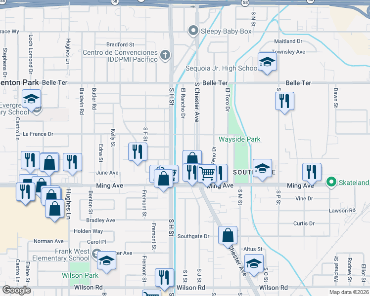 map of restaurants, bars, coffee shops, grocery stores, and more near 1417 El Rancho Drive in Bakersfield