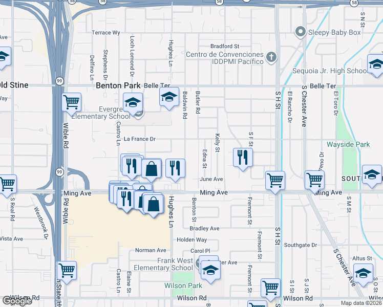 map of restaurants, bars, coffee shops, grocery stores, and more near 1417 Edna Street in Bakersfield