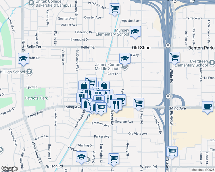 map of restaurants, bars, coffee shops, grocery stores, and more near 1400 Stine Road in Bakersfield