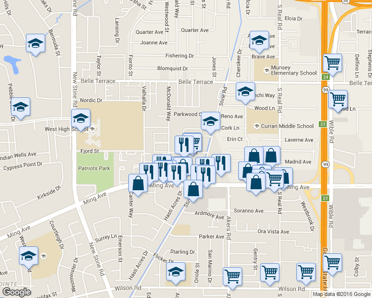 map of restaurants, bars, coffee shops, grocery stores, and more near 4422 Ming Avenue in Bakersfield