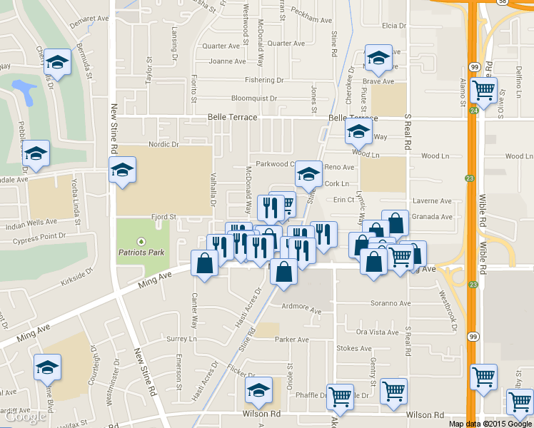 map of restaurants, bars, coffee shops, grocery stores, and more near 4422 Ming Avenue in Bakersfield