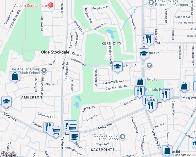 map of restaurants, bars, coffee shops, grocery stores, and more near 6104 Indian Wells Avenue in Bakersfield