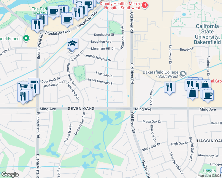 map of restaurants, bars, coffee shops, grocery stores, and more near 1500 Avonlea Street in Bakersfield