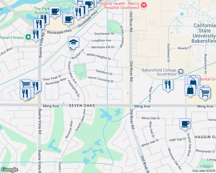 map of restaurants, bars, coffee shops, grocery stores, and more near 1500 Avonlea Street in Bakersfield