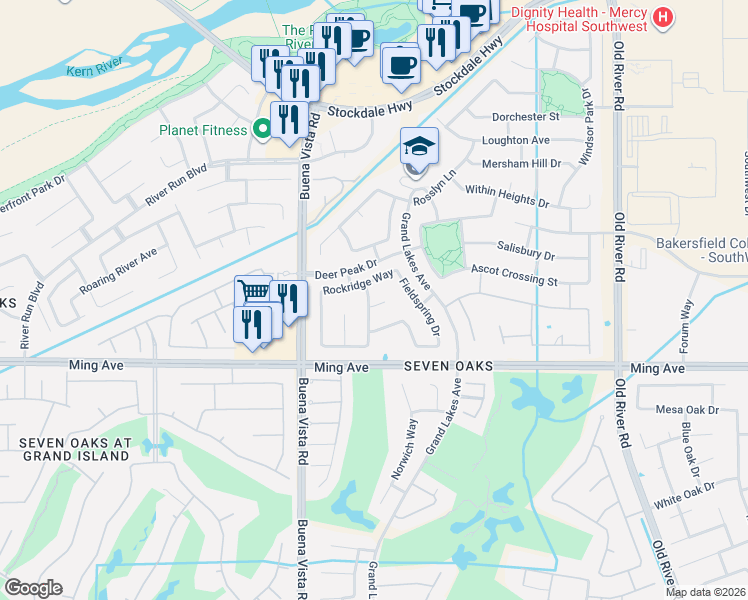 map of restaurants, bars, coffee shops, grocery stores, and more near 1505 McPherson Lane in Bakersfield