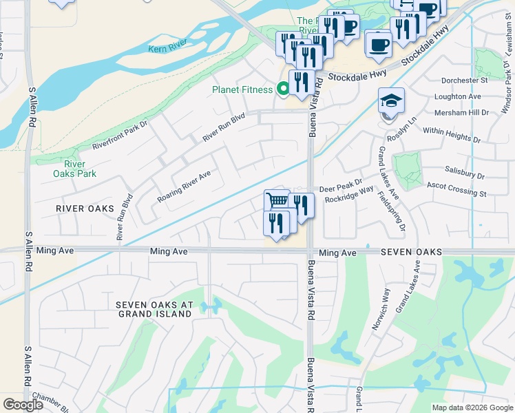 map of restaurants, bars, coffee shops, grocery stores, and more near 1504 Silk Tree Court in Bakersfield