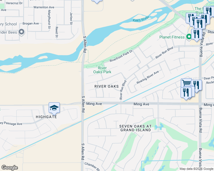 map of restaurants, bars, coffee shops, grocery stores, and more near 1505 Navarro River Court in Bakersfield