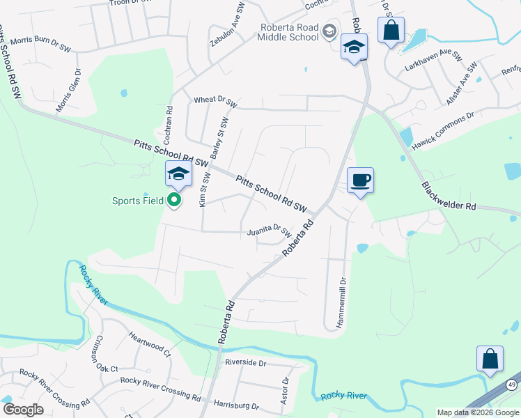 map of restaurants, bars, coffee shops, grocery stores, and more near 851 Juanita Drive Southwest in Concord
