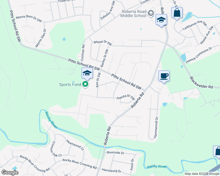 map of restaurants, bars, coffee shops, grocery stores, and more near 5335 Jeff Yates Street Southwest in Concord