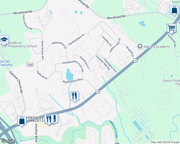 map of restaurants, bars, coffee shops, grocery stores, and more near 300 Wednesbury Boulevard in Charlotte