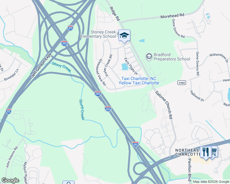 map of restaurants, bars, coffee shops, grocery stores, and more near 11106 Greenhead View Road in Charlotte