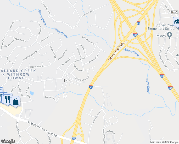 map of restaurants, bars, coffee shops, grocery stores, and more near 11105 Amur Court in Charlotte