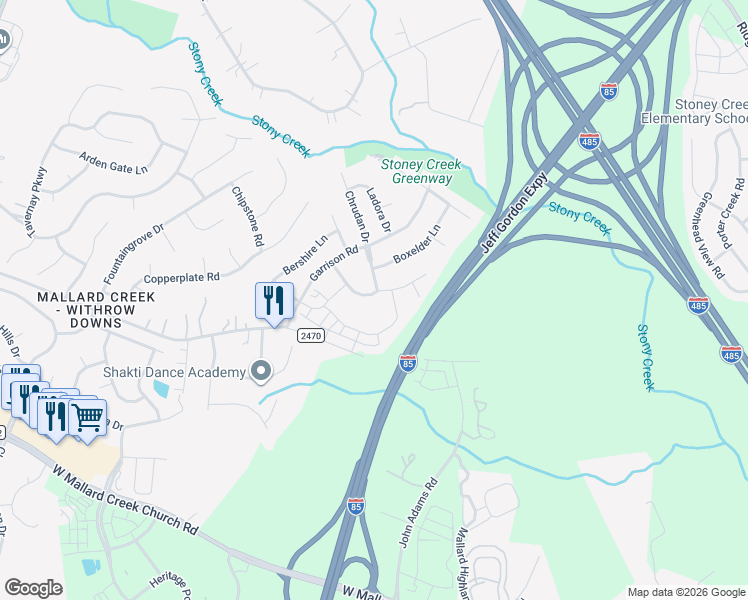 map of restaurants, bars, coffee shops, grocery stores, and more near 1121 Southern Sugar Drive in Charlotte