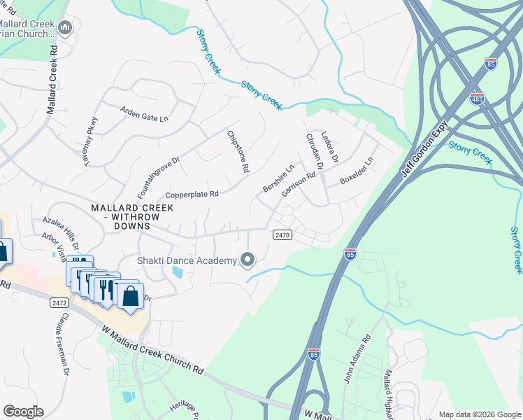 map of restaurants, bars, coffee shops, grocery stores, and more near 1524 Garrison Road in Charlotte