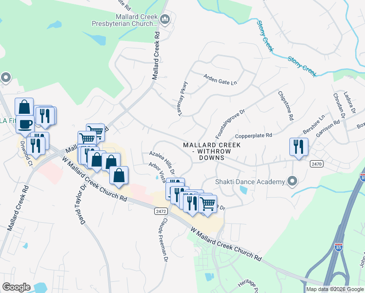 map of restaurants, bars, coffee shops, grocery stores, and more near 10729 Claude Freeman Drive in Charlotte