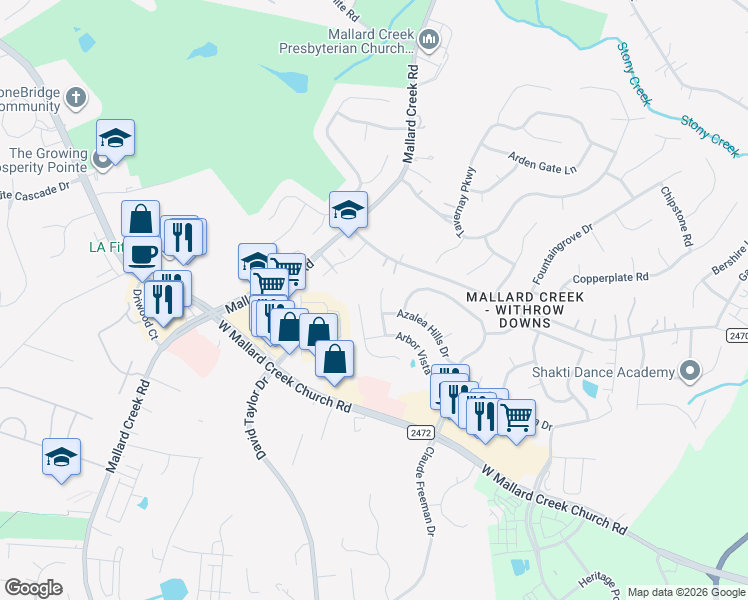 map of restaurants, bars, coffee shops, grocery stores, and more near 11118 Cypress View Drive in Charlotte