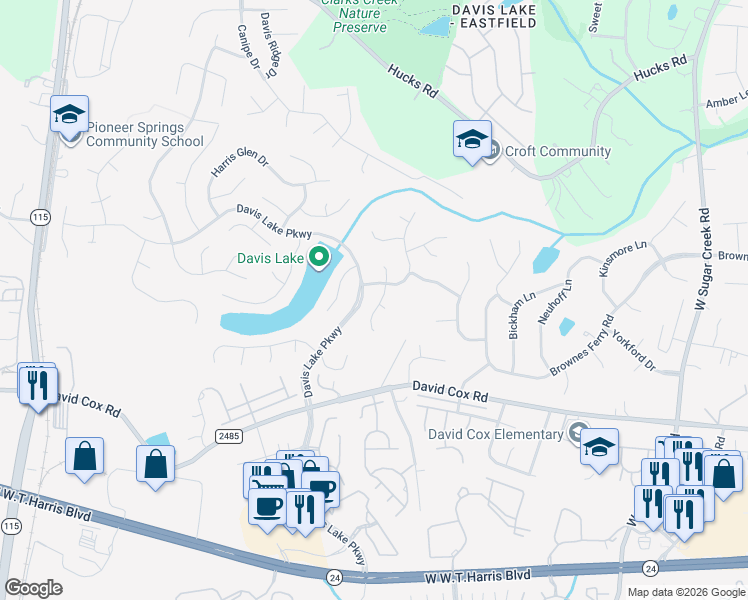 map of restaurants, bars, coffee shops, grocery stores, and more near 4724 David Cox Road in Charlotte