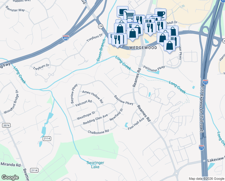 map of restaurants, bars, coffee shops, grocery stores, and more near 9411 Bayview Parkway in Charlotte