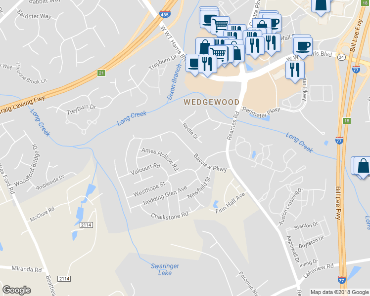 map of restaurants, bars, coffee shops, grocery stores, and more near 9411 Bayview Parkway in Charlotte