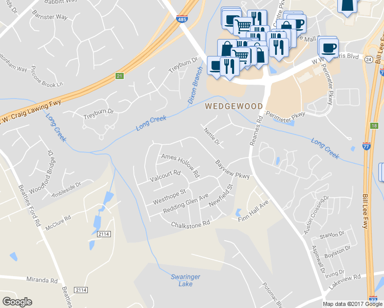 map of restaurants, bars, coffee shops, grocery stores, and more near 9226 Ames Hollow Road in Charlotte