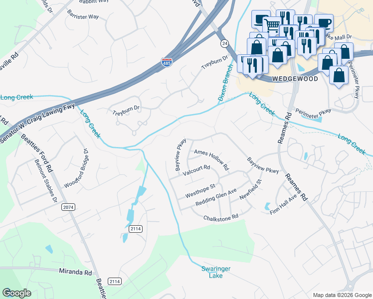 map of restaurants, bars, coffee shops, grocery stores, and more near 8707 Buckhorn Street in Charlotte