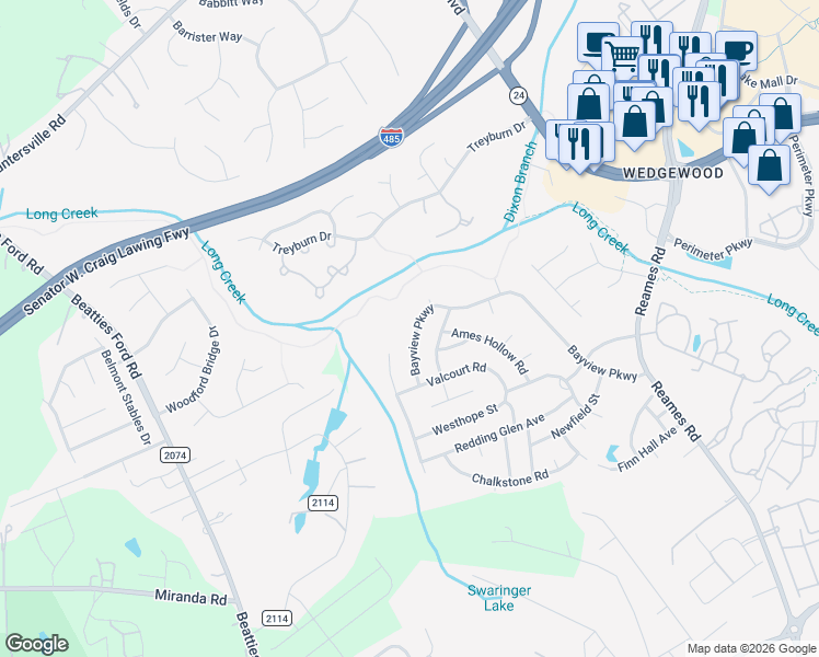 map of restaurants, bars, coffee shops, grocery stores, and more near 8450 Ainsworth Street in Charlotte