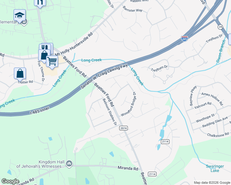 map of restaurants, bars, coffee shops, grocery stores, and more near 8301 Rhian Brook Lane in Charlotte