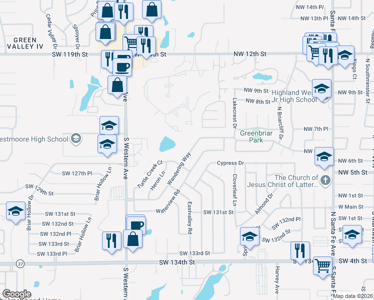 map of restaurants, bars, coffee shops, grocery stores, and more near 617 Waterview Road in Oklahoma City