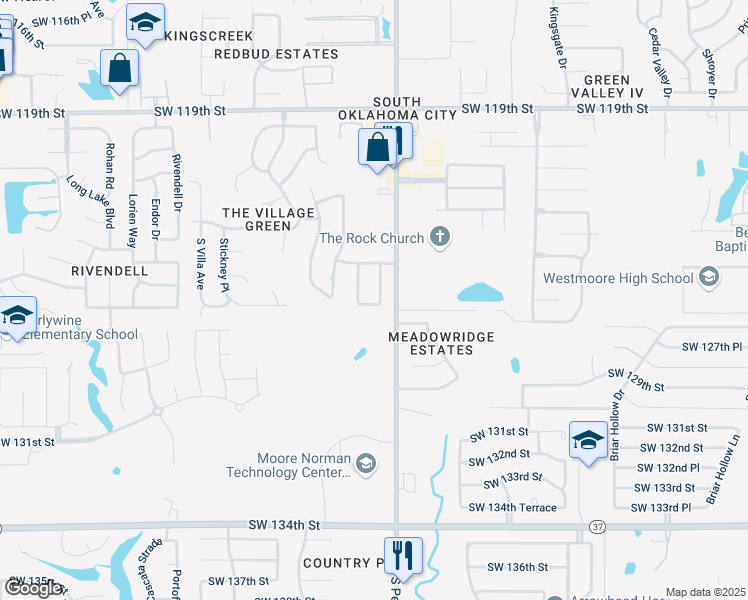 map of restaurants, bars, coffee shops, grocery stores, and more near 2100 Southwest 125th Place in Oklahoma City