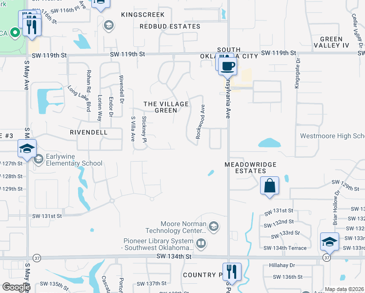 map of restaurants, bars, coffee shops, grocery stores, and more near 12541 Village Lane in Oklahoma City