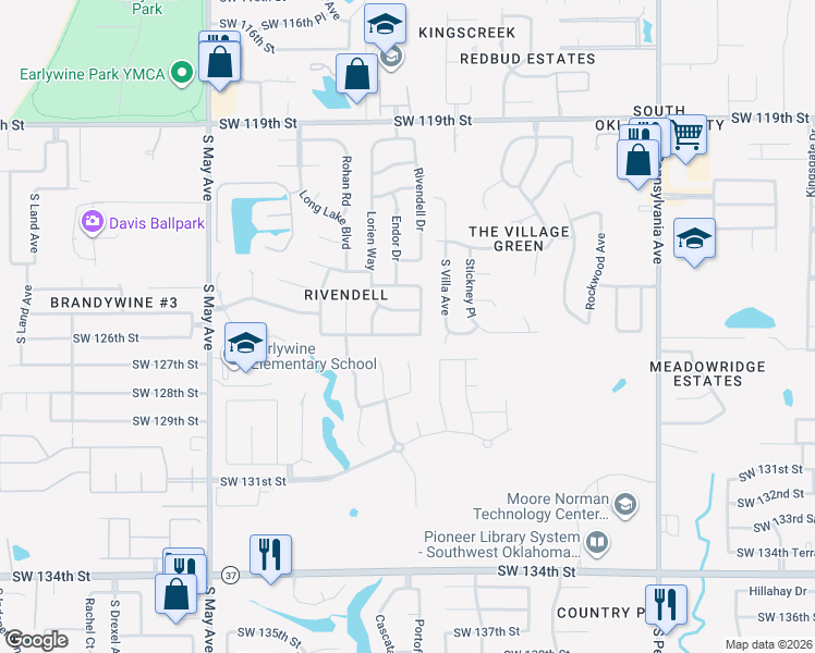 map of restaurants, bars, coffee shops, grocery stores, and more near 2500 Southwest 125th Street in Oklahoma City