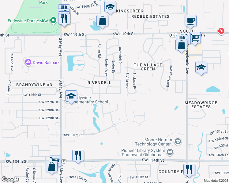 map of restaurants, bars, coffee shops, grocery stores, and more near 2520 Southwest 125th Street in Oklahoma City