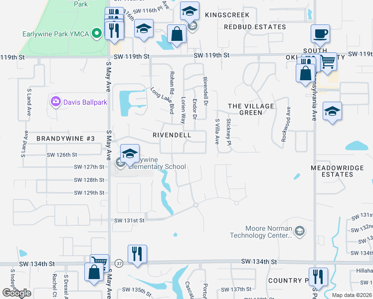 map of restaurants, bars, coffee shops, grocery stores, and more near 2520 Southwest 125th Street in Oklahoma City