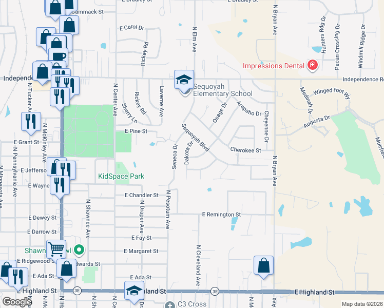 map of restaurants, bars, coffee shops, grocery stores, and more near 44 Mojave Drive in Shawnee