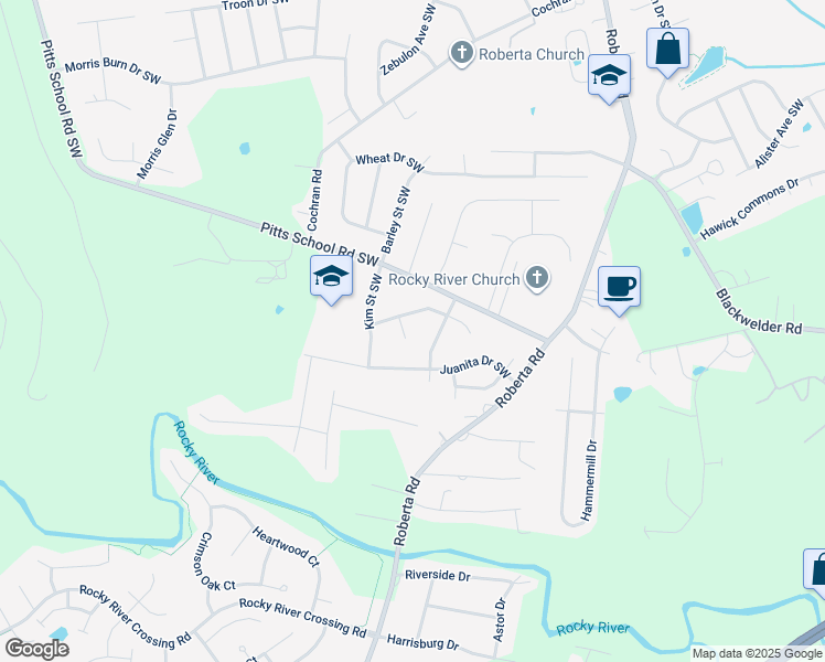 map of restaurants, bars, coffee shops, grocery stores, and more near 5337 Parksie Court Southwest in Concord