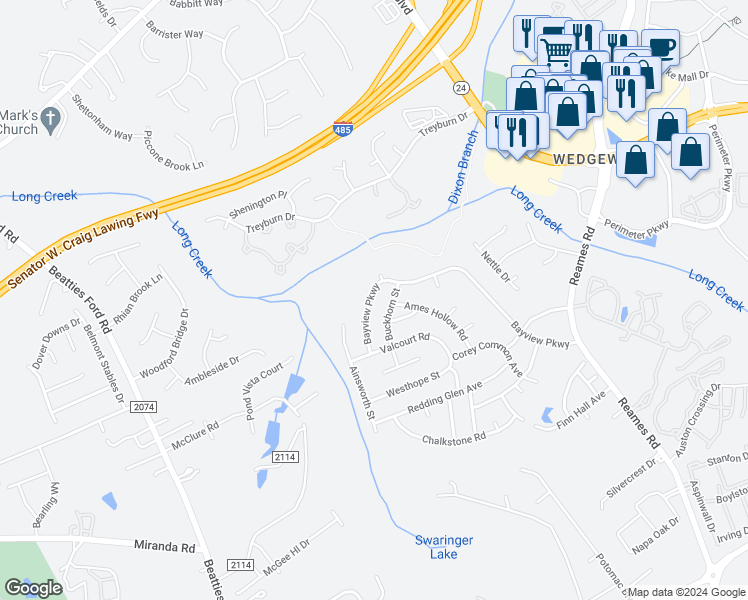 map of restaurants, bars, coffee shops, grocery stores, and more near 9737 Bayview Parkway in Charlotte