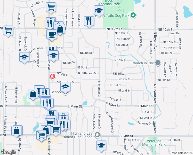 map of restaurants, bars, coffee shops, grocery stores, and more near 408 North Morgan Drive in Moore