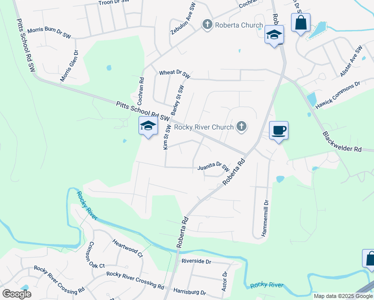 map of restaurants, bars, coffee shops, grocery stores, and more near 5337 Parksie Court Southwest in Concord