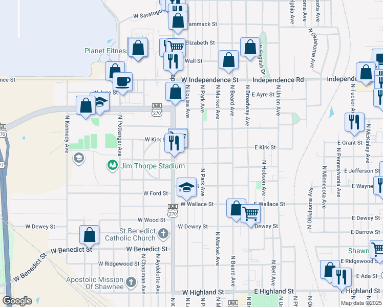map of restaurants, bars, coffee shops, grocery stores, and more near 1001 North Louisa Avenue in Shawnee