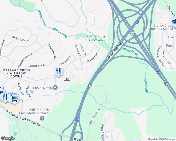 map of restaurants, bars, coffee shops, grocery stores, and more near 1444 Southern Sugar Drive in Charlotte