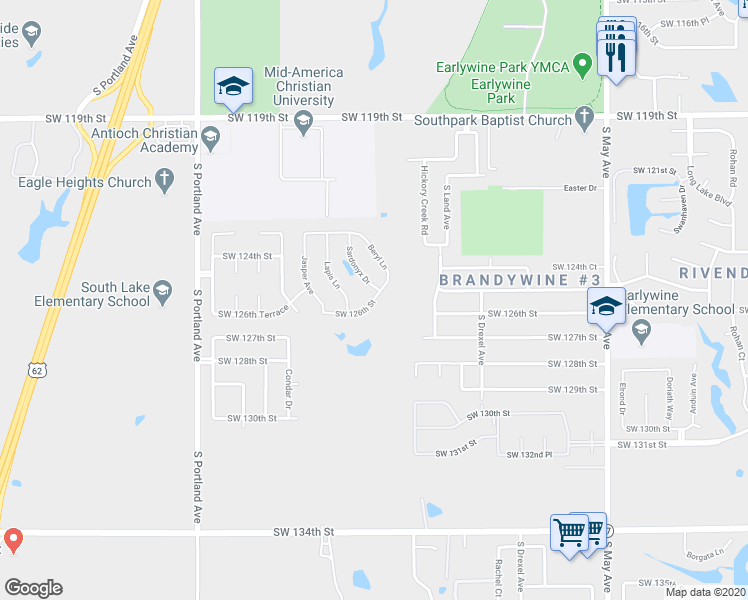map of restaurants, bars, coffee shops, grocery stores, and more near 3308 Southwest 126th Street in Oklahoma City
