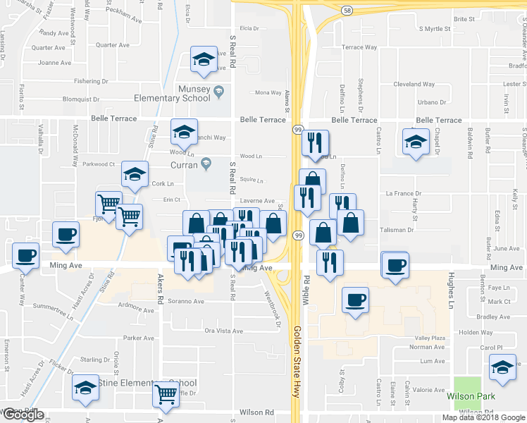 map of restaurants, bars, coffee shops, grocery stores, and more near 3416 Granada Avenue in Bakersfield