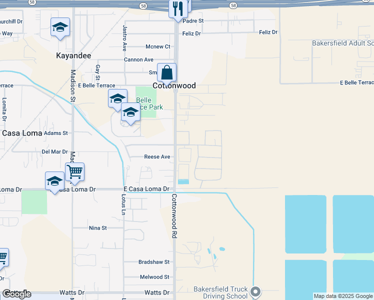 map of restaurants, bars, coffee shops, grocery stores, and more near 1741 Cheatham Avenue in Bakersfield