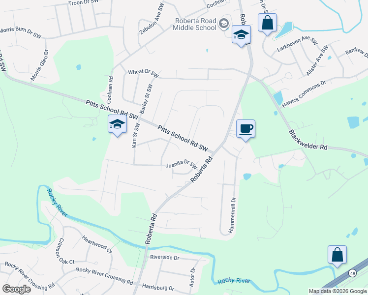 map of restaurants, bars, coffee shops, grocery stores, and more near 851 Juanita Drive Southwest in Concord