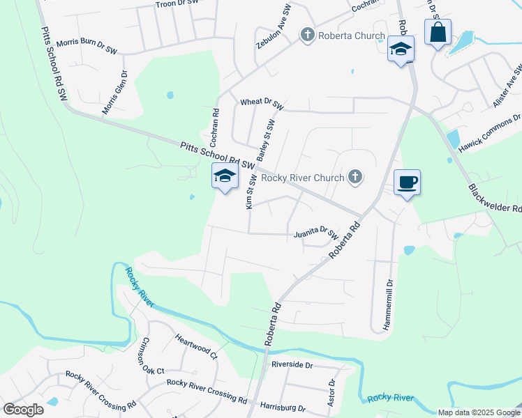 map of restaurants, bars, coffee shops, grocery stores, and more near 782 Treva Anne Drive Southwest in Concord