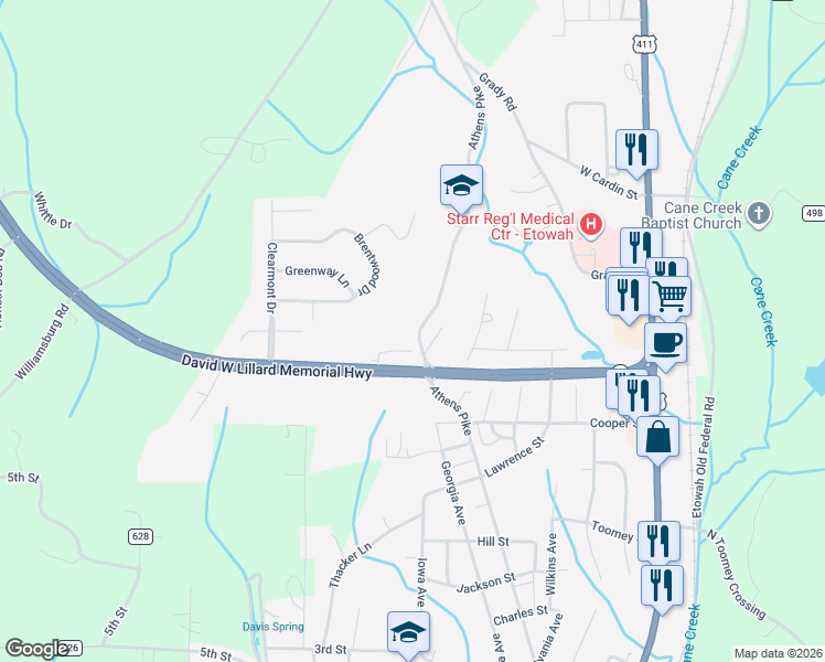 map of restaurants, bars, coffee shops, grocery stores, and more near 860 Athens Pike in Etowah